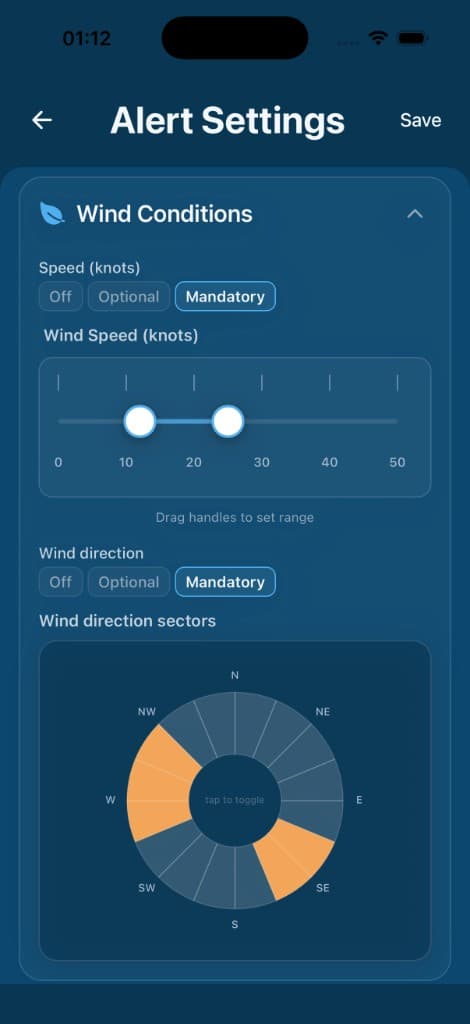Wyndow alert settings for wind speed range and mandatory wind direction sectors