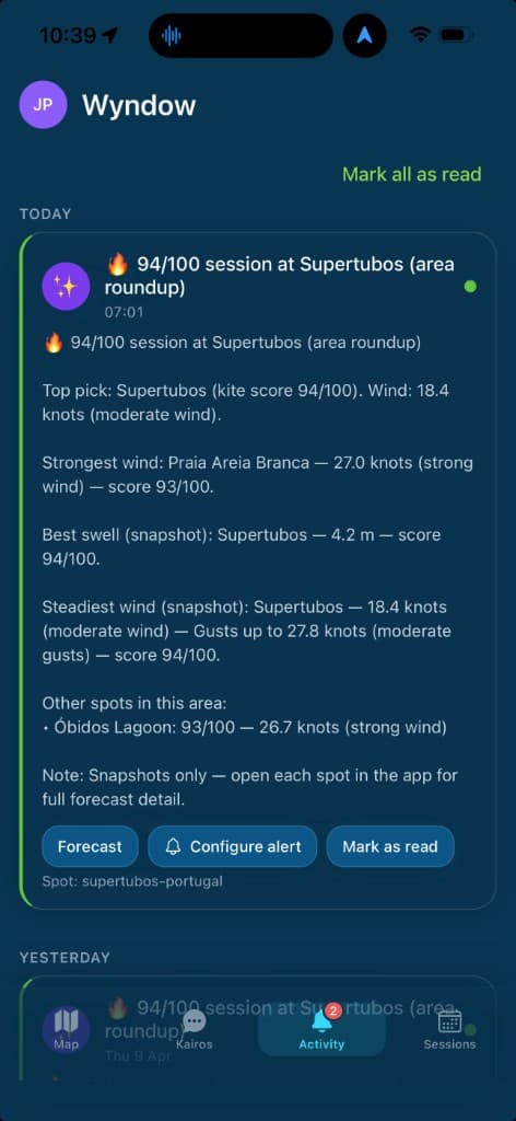 Wyndow Activity feed showing a regional digest for Supertubos with kite scores and nearby spots