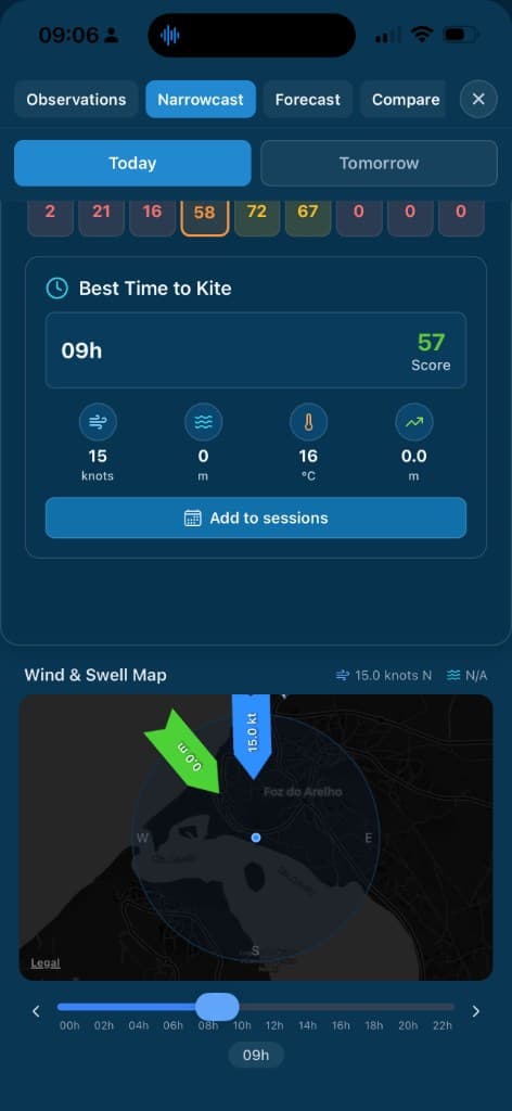 Wyndow Narrowcast map showing wind and swell at a spot-level view on iPhone