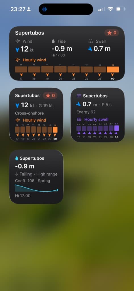 Wyndow Home Screen widgets for Supertubos showing wind, tide, swell, and forecast summary