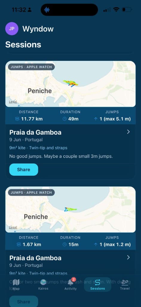 Wyndow Sessions list showing GPS track maps, distance, and duration for past rides