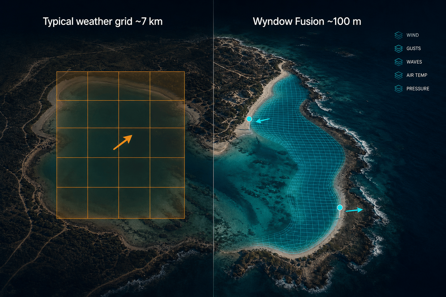 Diagram comparing a coarse ~7 km weather grid with Wyndow Fusion ~100 m cells along a coastline