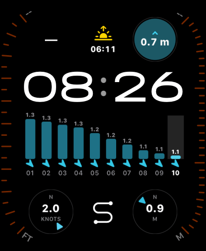 Apple Watch Modular Ultra face with hourly swell chart and wind complications